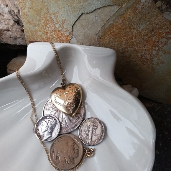 Circa 1920's Etched Sterling Heart Locket - Picture 2 of 5